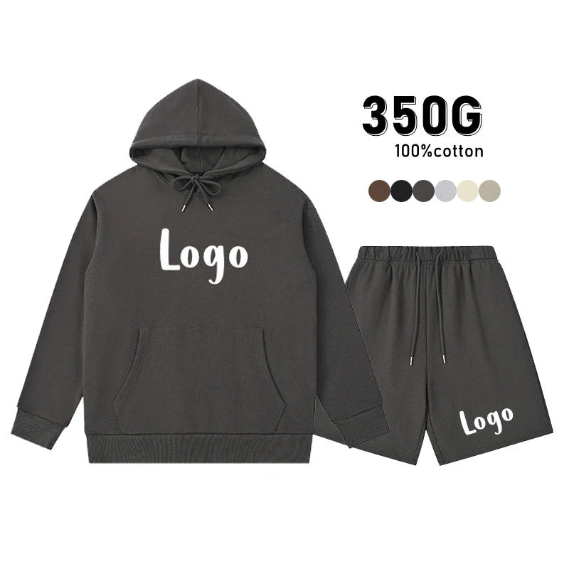 Cotton Blank Design Unisex Plain Hoodies 2 Piece Jogger Shorts Sets Mens Custom Tracksuits for Men