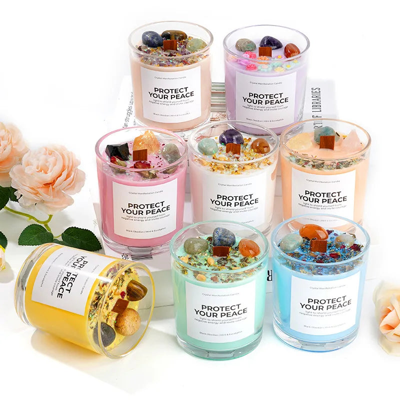 Luxury Custom Logo Soy Wax Candle Aroma Scent Clear Glass Vessel Colored Wax Wooden Wick Dried Flowers Quartz Jelly Wax Holiday