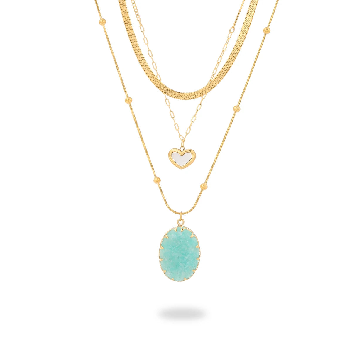 Fashion Natural Stone Stainless Steel 18k Gold Plated Waterproof Oval Amazonite Pendant Necklace for Women Men Anniversary Snake