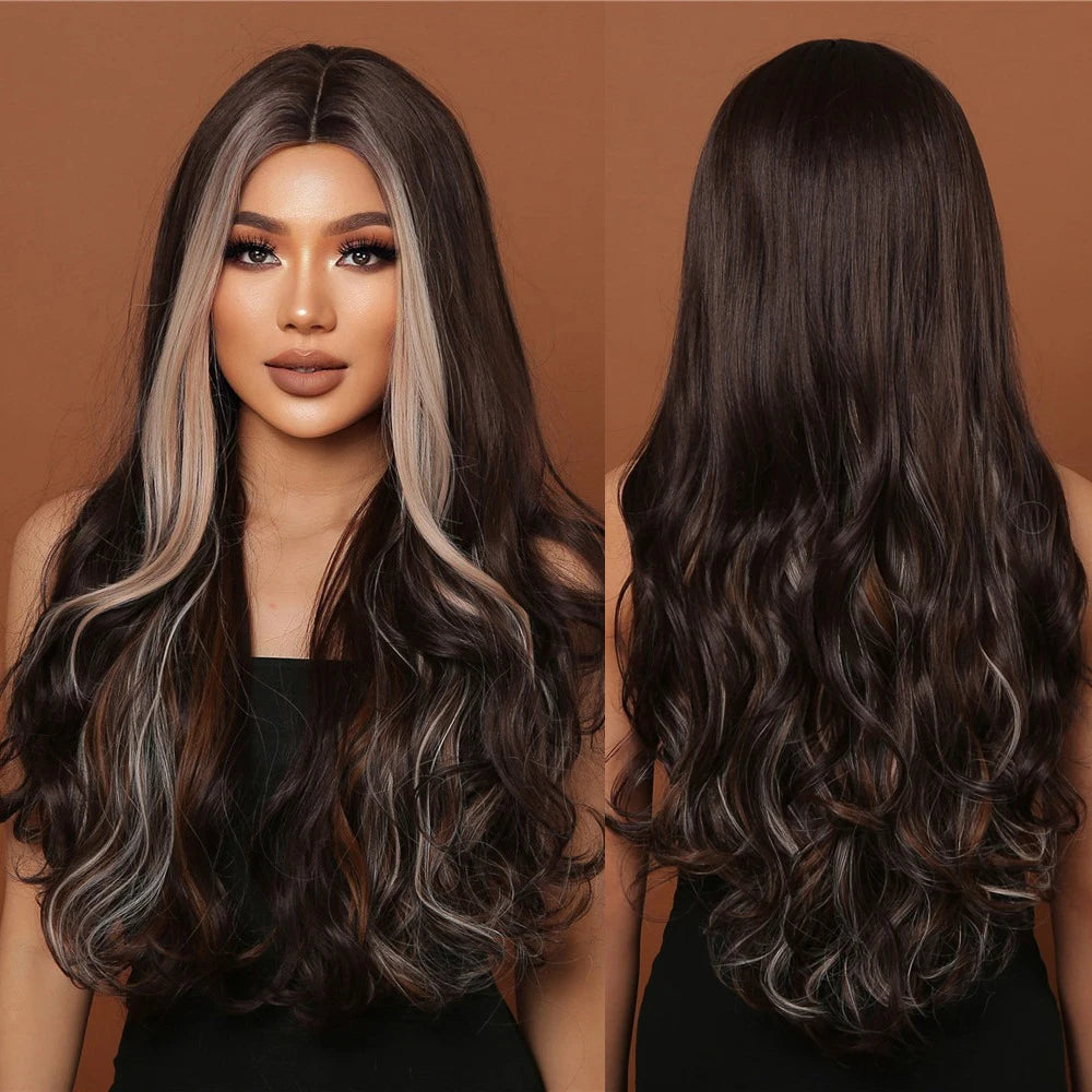 Wigs Factory Mixed Dark Brown Golden Blonde Synthetic Wigs Natural Wave Long Wigs for Black Women Afro Heat Resistant
