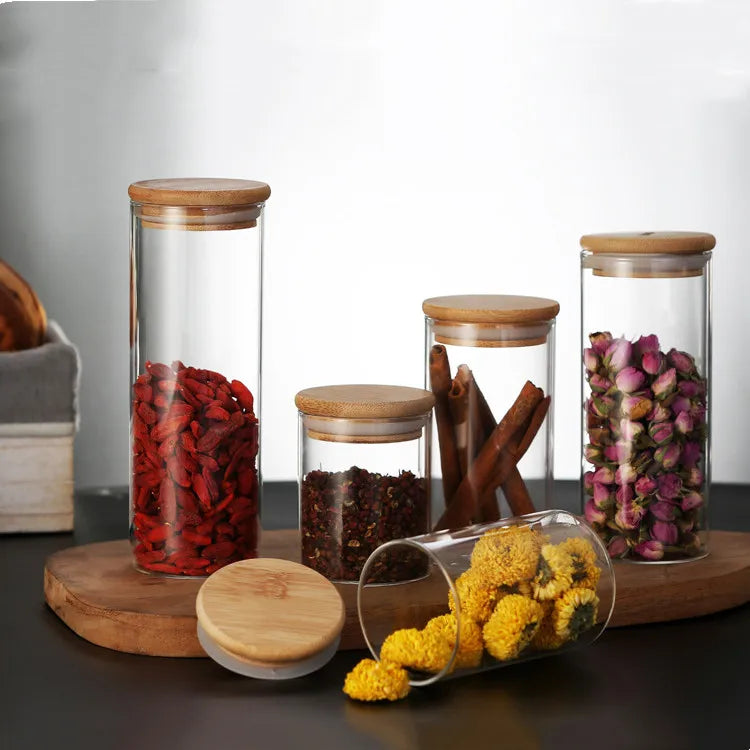1oz 2oz 3oz 300ml 500ml 1000ml Acacia Wood Cover Glass High Borosilicate Glass Tank Sealed Jars Storage Tank for Coffee Bean Tea