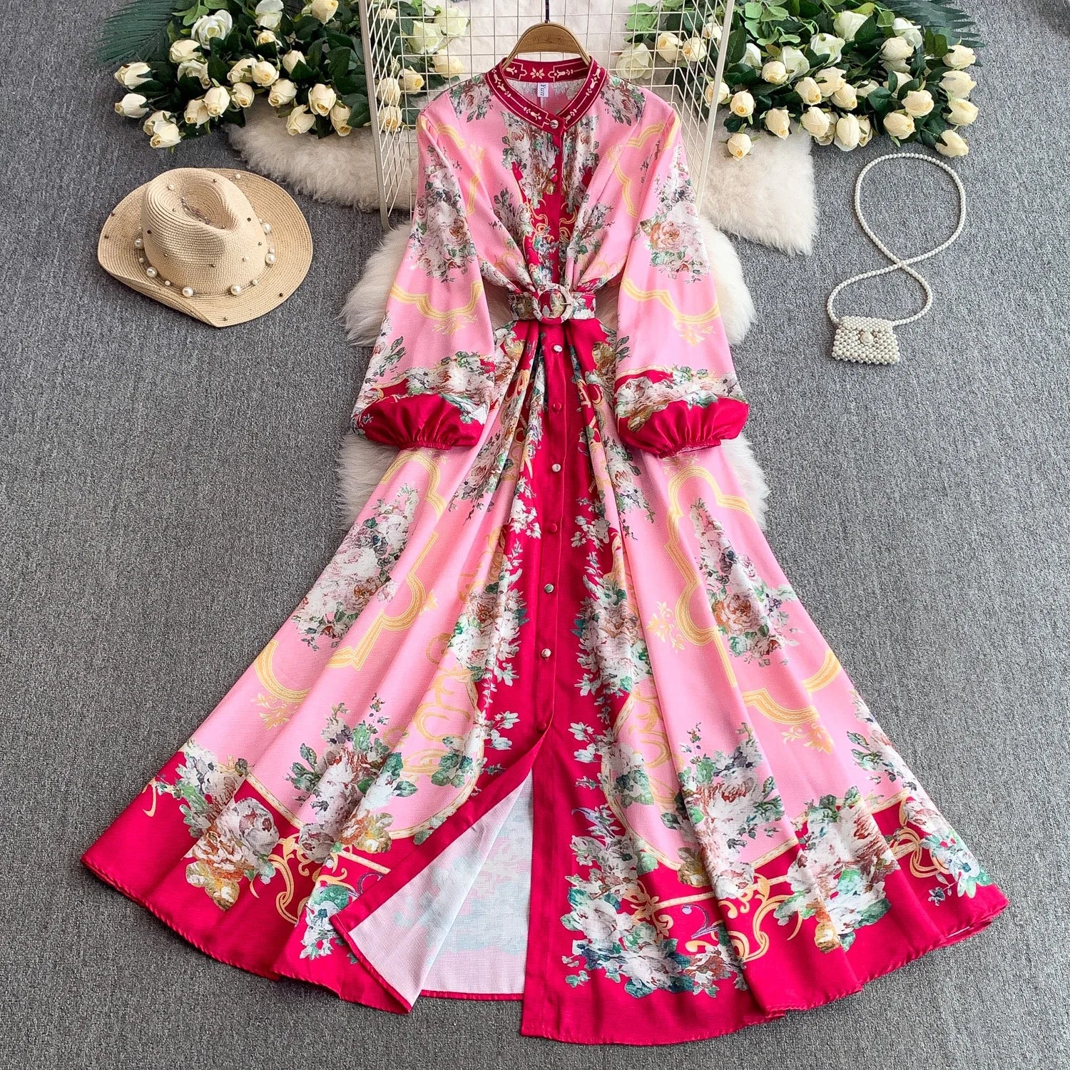 European and American Women's Summer Single-button Lantern Sleeve Fitted Printed Flared Dress