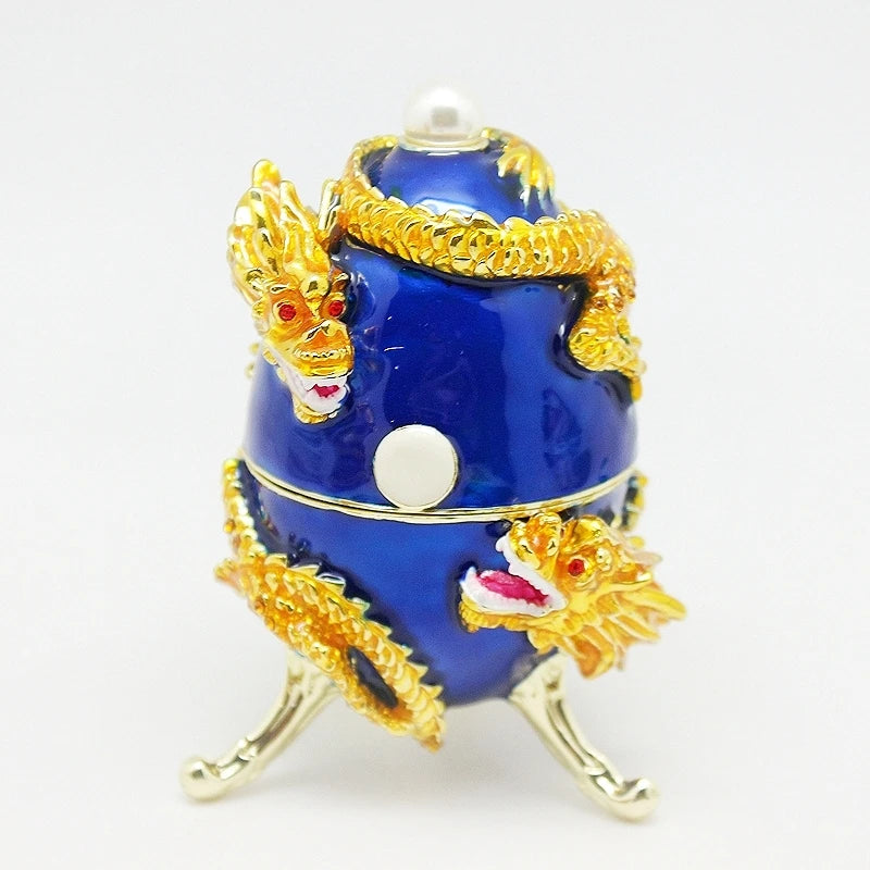 SHINNYGIFTS Vintage New Year Gifts Double Dragon on Egg Pewter Enamel Easter Jewelry Box