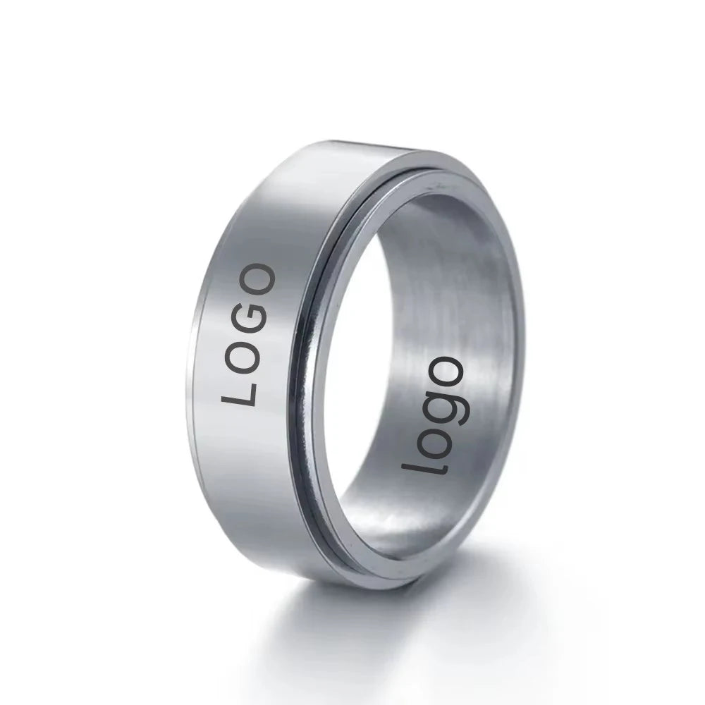 ShuoyeW 8MM Stainless Steel Ring Silver Black Glossy Basic Model Rotatable Spin Stainless Steel Ring laser logo Finger Ring 417