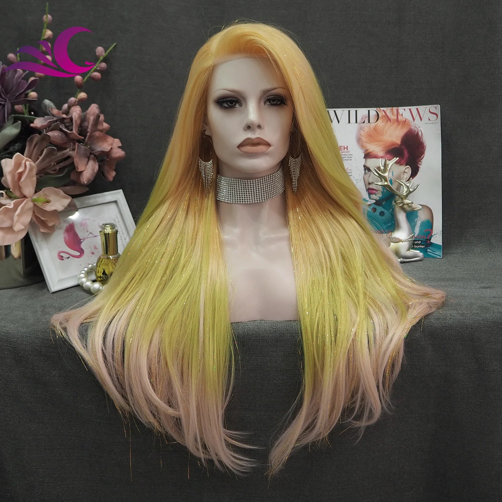Celebrity New Fashion Tinsel Ombre Synthetic Wigs High Temperature Fibre Small Knots Transparent Synthetic Lace Front Wigs