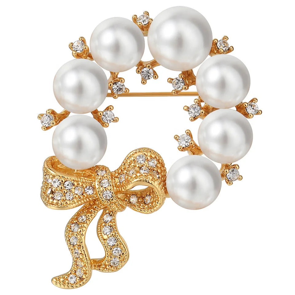 2024 New Fashion French Brass Gold-Plated Inlaid Zircon Bow Hoop Pearl Brooch for Women Wedding Gift Party Jewelry Customized