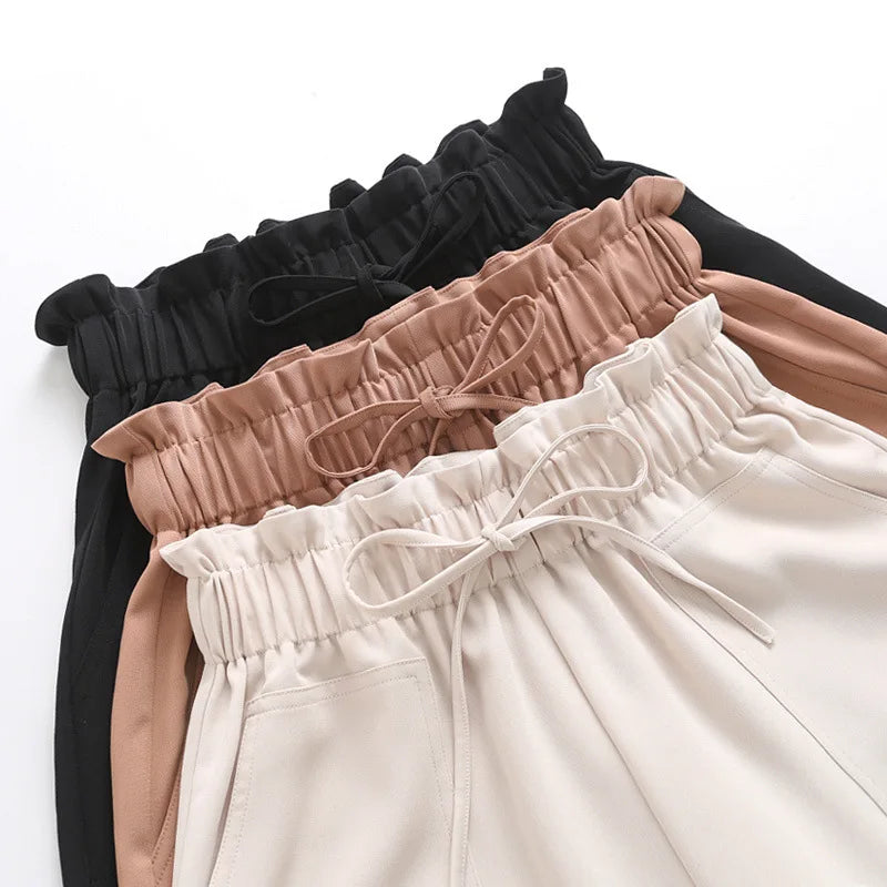Women Above Knee Fashion Summer Shorts Lady Home Casual Solid Wide Leg Loose Short Pants High Waist Stretch Capris Korean Style
