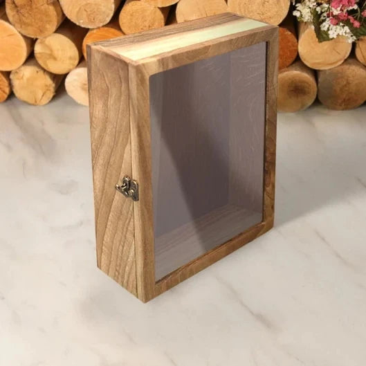 JUNJI  Wood Shadow Box Display Case With Hinged Glass Lid Solid Wood Display Case Memory Box for Wall and Tabletop
