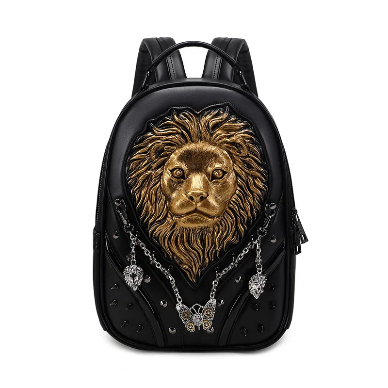 High Fashion 3D Lion Head Cartoon Creative Backpack Women's Casual Bag Rivet Zipper Backpack Punk Relief