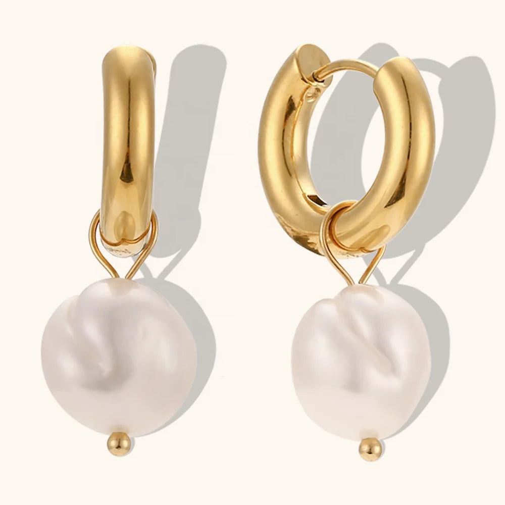 Dingran Non Tarnish 18k Gold Plated Stainless Steel Jewelry Fresh Water Pearl Earrings for Women