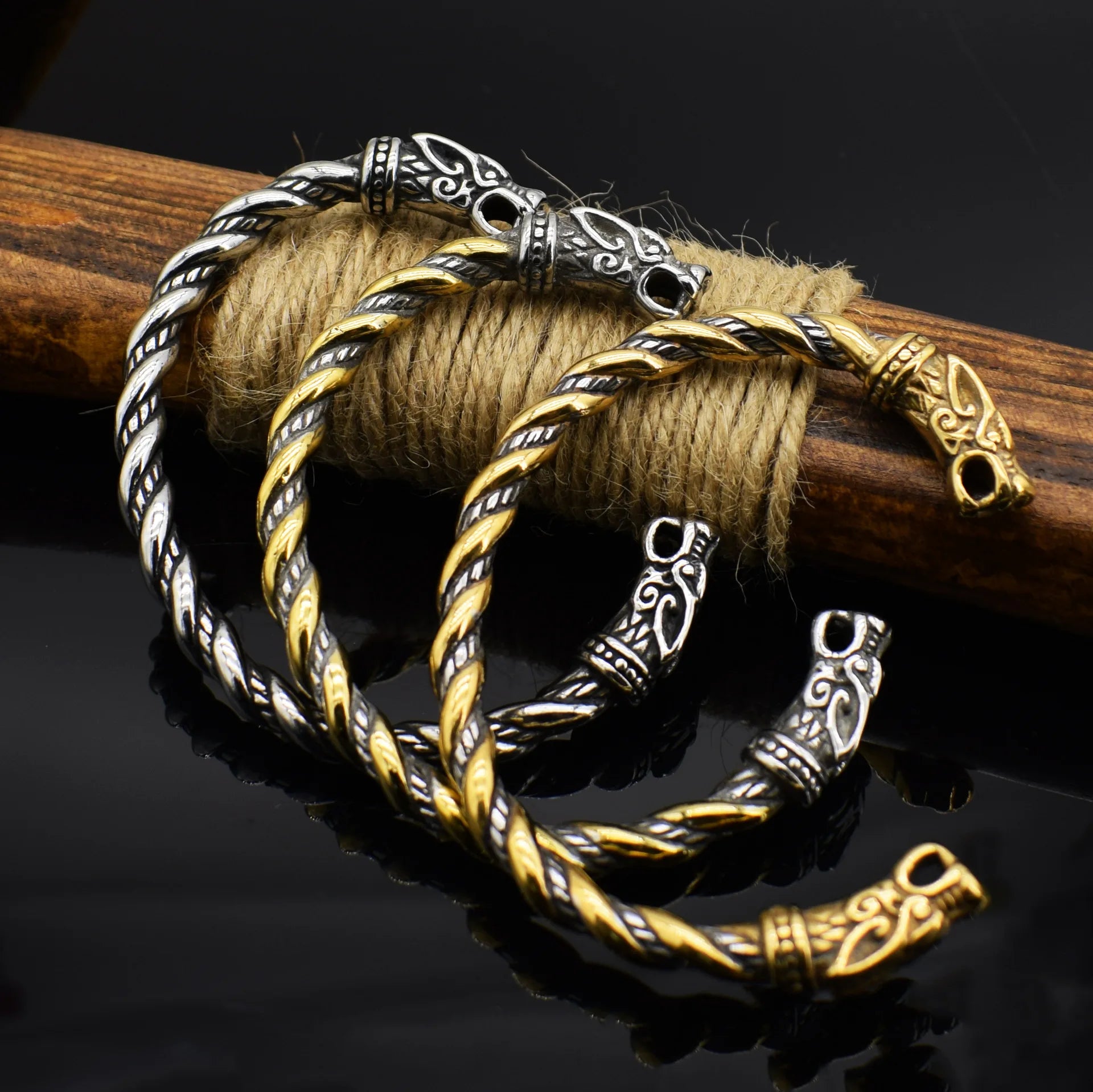 Vintage Norse Viking Mythology Stainless Adjustable Twist Rope Braided Opening Wolf Bracelet Bangle for Men