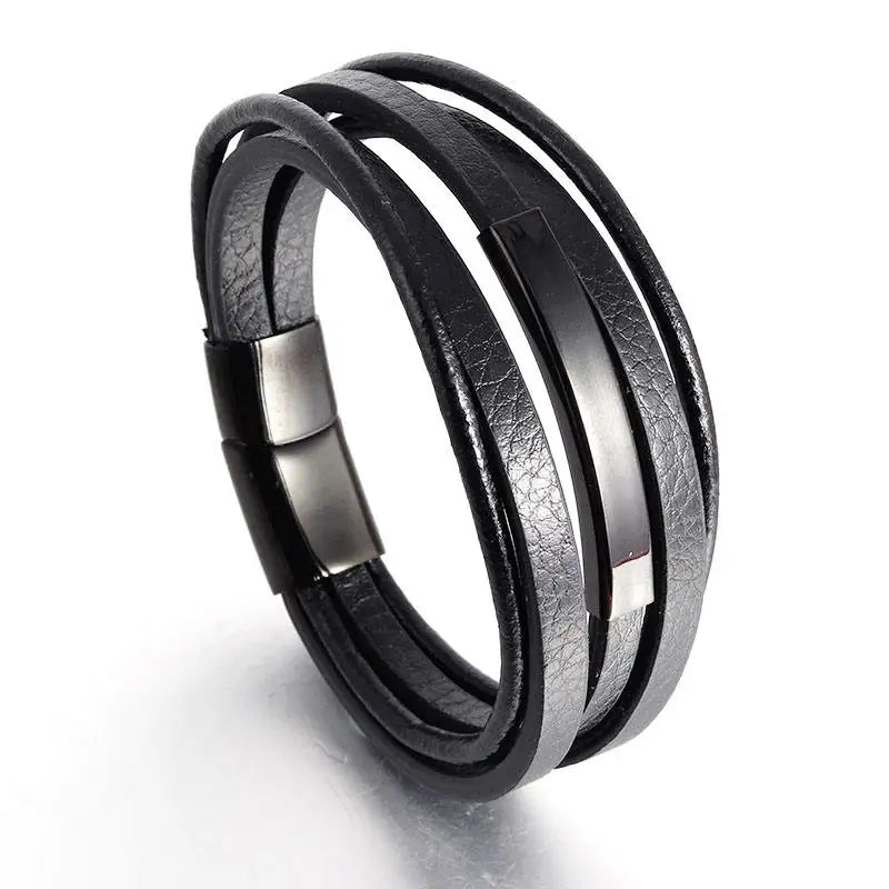 Wholesale Fashion Men Magnetic Hand Jewelry Multi Layer Woven Braided Titanium Stainless Steel Leather Bracelet OT-035