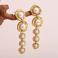 Vintage Style Jewelry 18K PVD Gold Plated Waterproof Geometric Pearl Stainless Steel Long Drop Earring