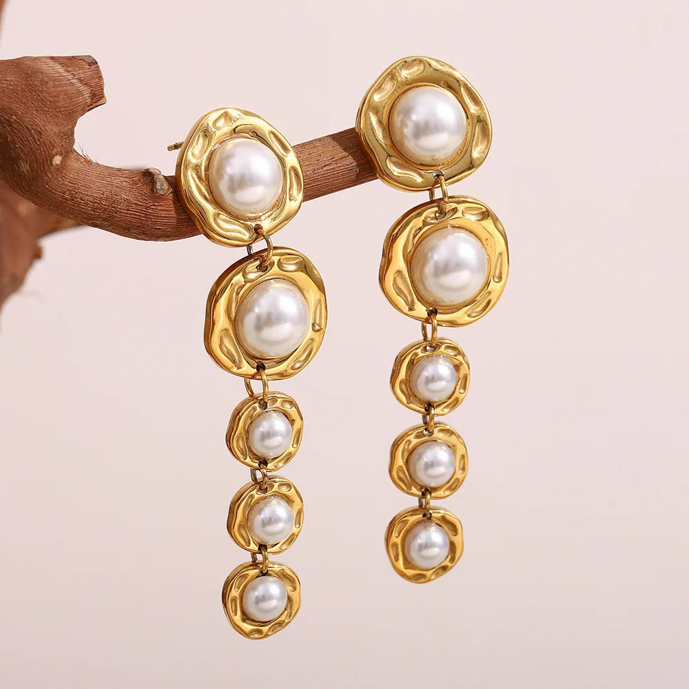 Vintage Style Jewelry 18K PVD Gold Plated Waterproof Geometric Pearl Stainless Steel Long Drop Earring