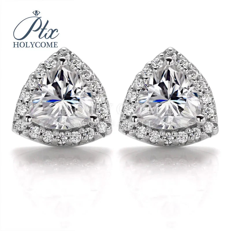 Trillion Shape Halo Design 5mm/6mm VVS D Color Stud 925 Sterling Silver Moissanite Earrings