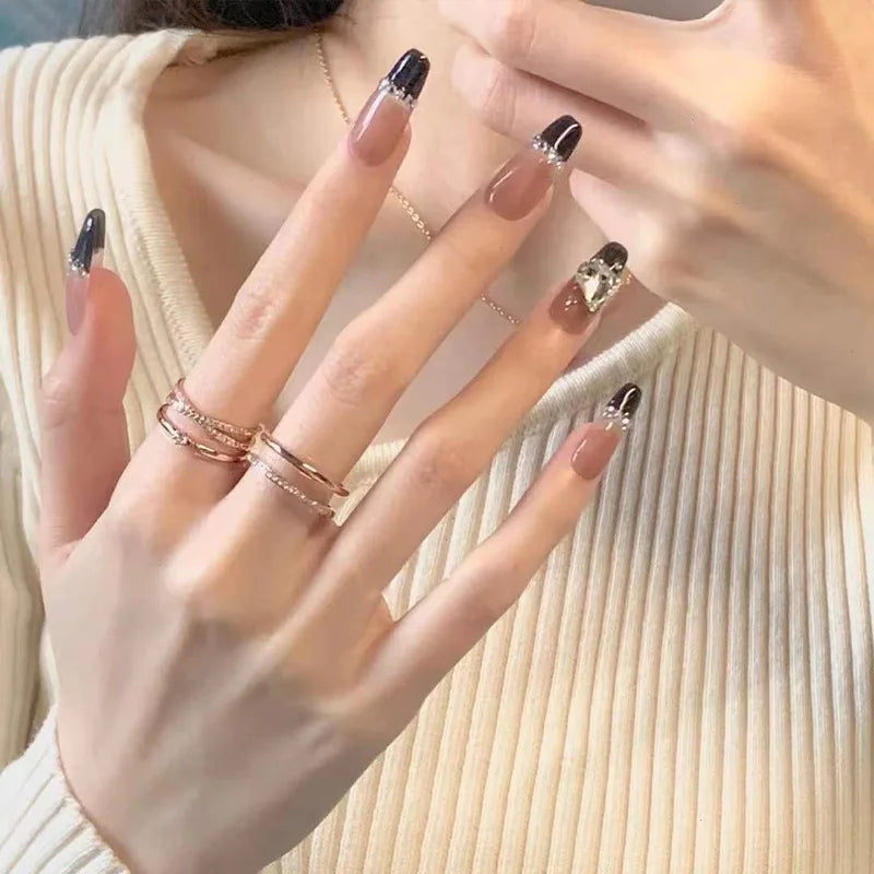 Luxury Private Label Press on Nails French Black Edge Ballerina Acrylic Nails With love Rhinestones Artificial Nails