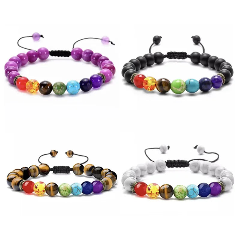 Hot Selling Seven Pulse Alloy Jewelry Hand String Colorful Pine Natural Stone Tiger Eye Yoga Braided Beaded Bracelet