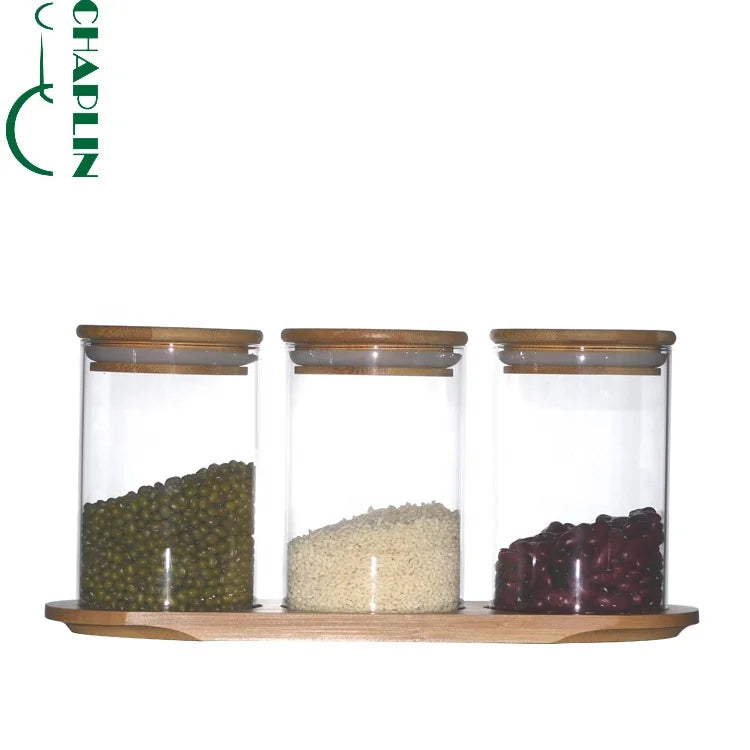 Three Piece Kitchen Seasoning Jar Glass Jar with Bamboo Cover Lid and Tray