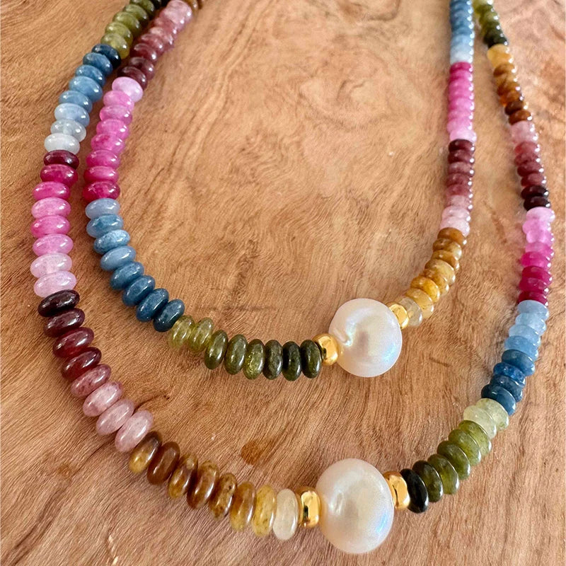 Natural Rainbow Tourmaline Colorful Bring Luck Vintage Trendy Necklace Natural Stone for Mother Gift