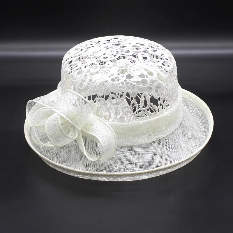 New Fashion Ladies woman Lace Sinamay White Church Hats Formal Hat Kentucky Derby Dress Fascinator Floral Tea Party Wedding Hat