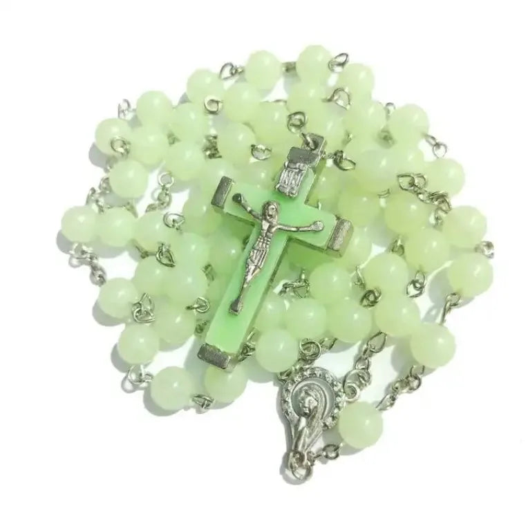 Wholesale Luminous Rosary Necklace Religious Jesus Cross Green 8*8 mm Beads Luminous Rosary Cross Necklace