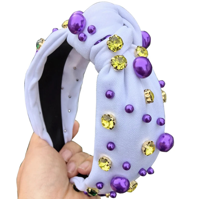 Custom Mardi Gras White Headband Yellow Bling Diamond Rhinestone Purple Pearl Luxury Fabric Party Hair Accessories