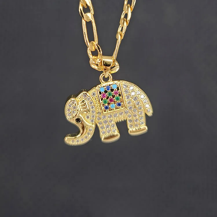 NZ1326  Fashion 18K Gold CZ Diamond Cubic Zirconia Elephant Pendant Figaro Chain Necklaces Jewelry Gift for Lady