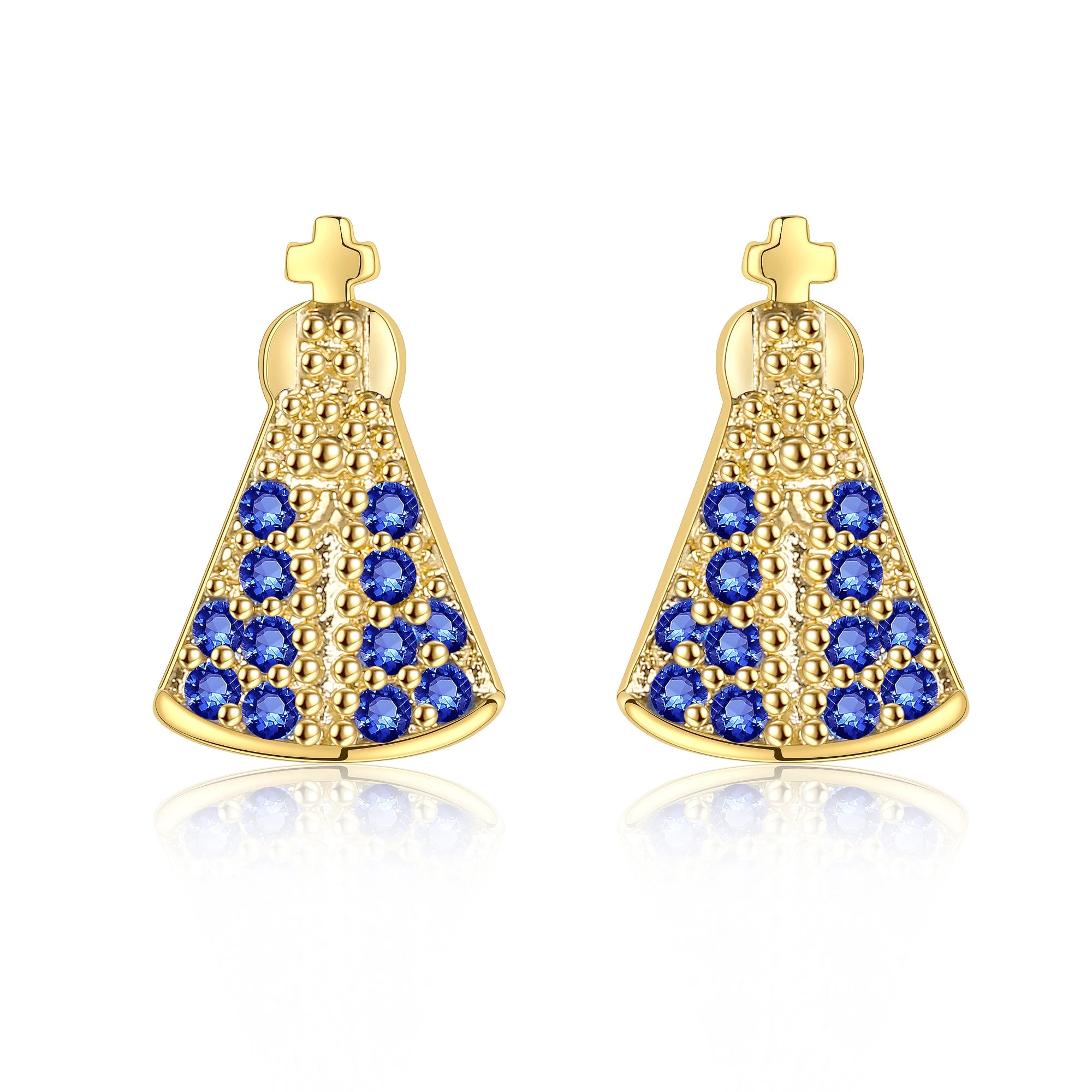 Wholesale Custom Brass 24k Gold Plated Religious Stud Earrings Catholic Jewelry Blue Zircon Women Wedding Gift Party