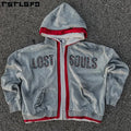 Custom Streetwear Double 3 Zipper Acid Wash Vintage Baggy Boxy Fit Distressed Rhinestone Triple Layer Zip up Hoodie