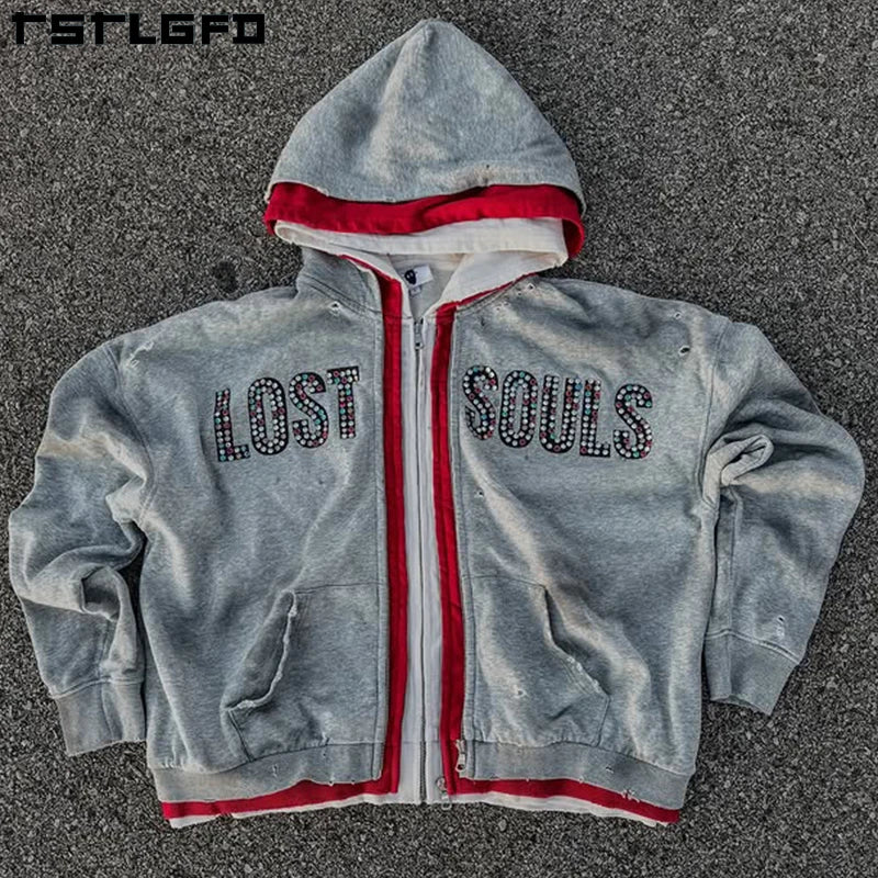 Custom Streetwear Double 3 Zipper Acid Wash Vintage Baggy Boxy Fit Distressed Rhinestone Triple Layer Zip up Hoodie