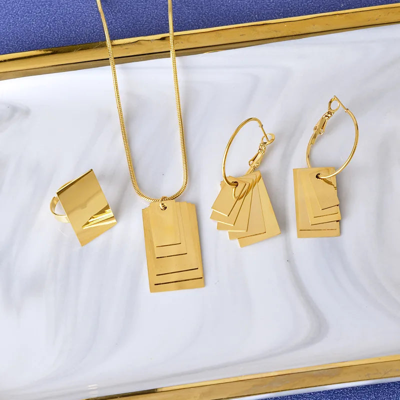 New Arrival 18k Gold Plated Stainless Steel Jewelry Set Necklace Earrings Ring Tarnish Free Set for Women
