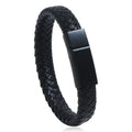 DPANCO Simple Classic Stainless Steel Clasp Cuff Bracelet Handmade Woven PU Leather Black Gun Plated Geometric Design for Men