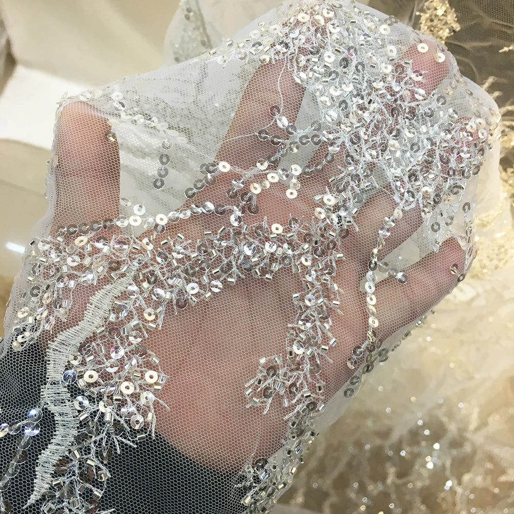 2023 Ivory 3D Luxury French Lace Hand Made Wedding Beaded Lace Fabric Silver Embroidered Party Lace With Sequins