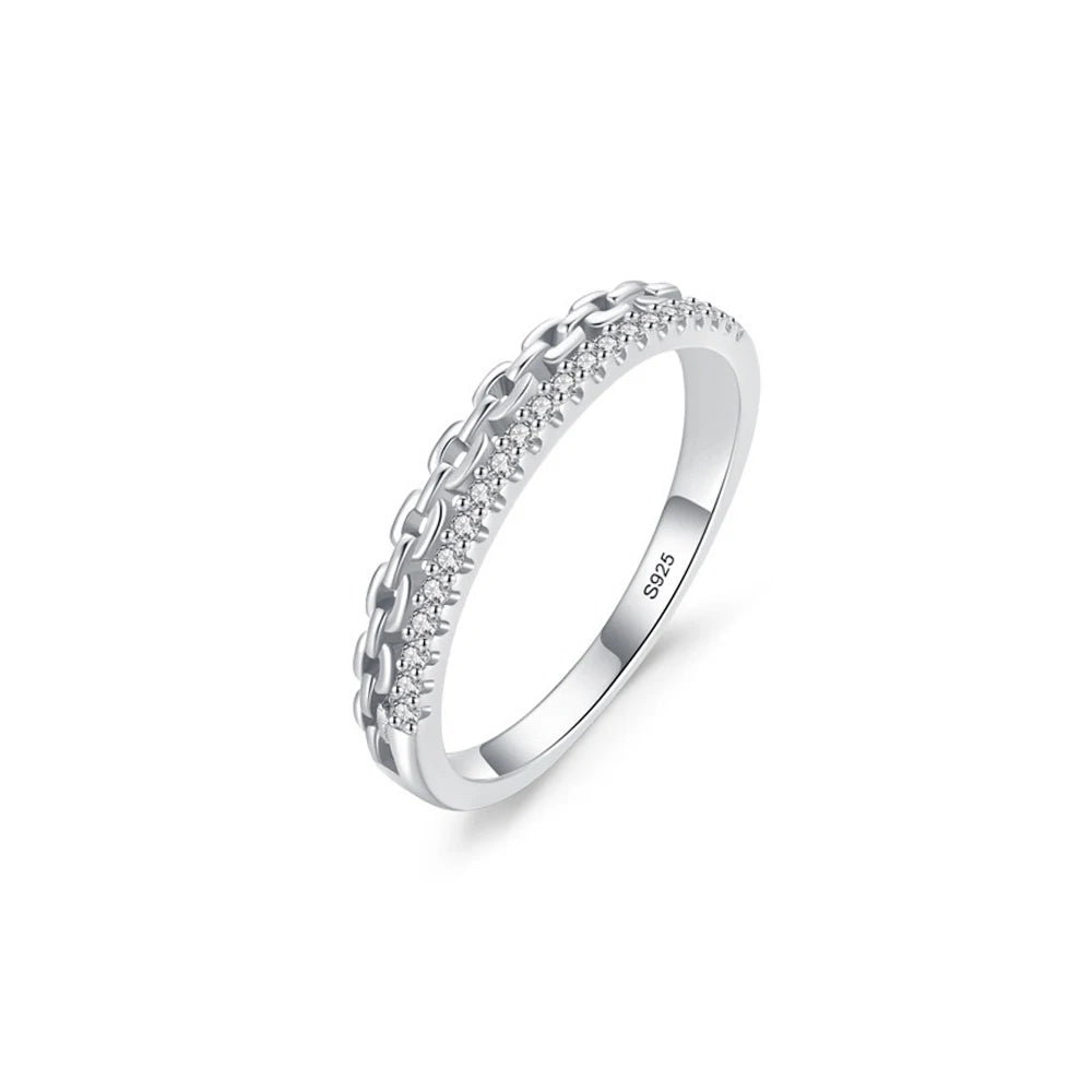 Delicate Pure S925 Sterling Silver CZ Cubic Zirconia Micro Paved Chain Engagement Finger Rings for Women Jewelry
