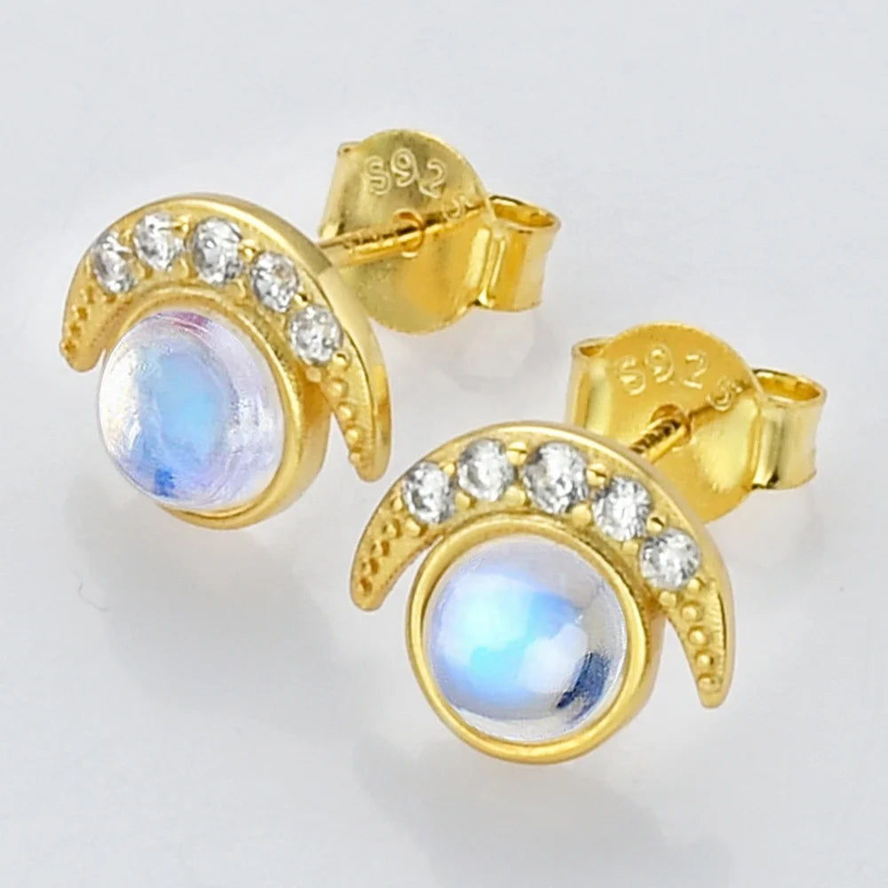 925 Sterling Silver Moon and Sun Studs Vermeil rainbow Moonstone Women Fine Jewelry Moonstone Earring