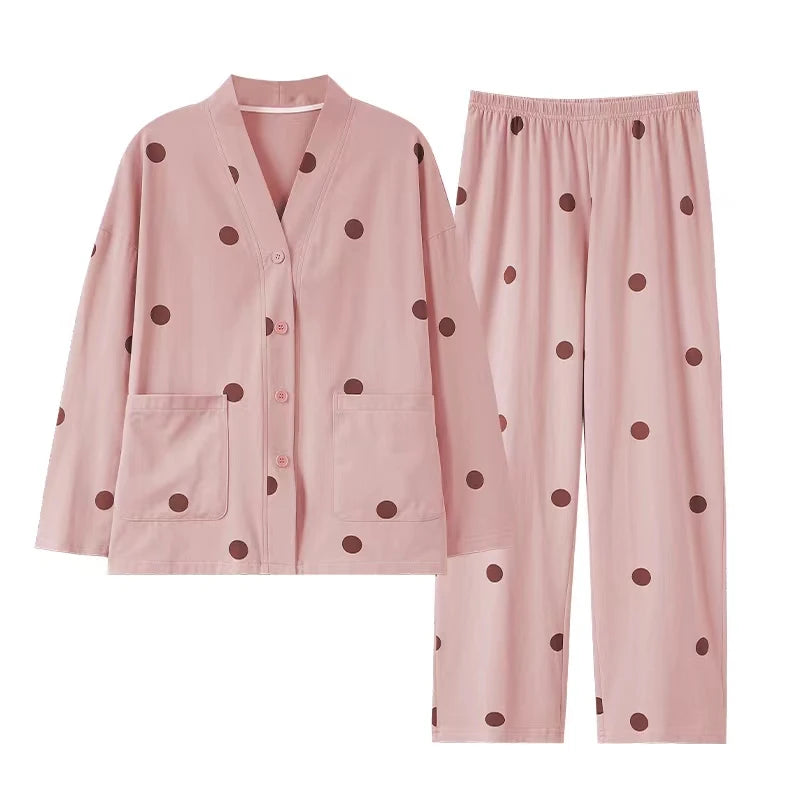 Two Piece Milk Cotton Women's Sleepwear Pajamas Long Sleeve Pajamas and Pants Sets