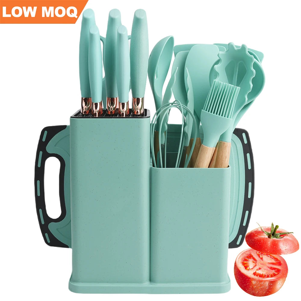 RTS Kitchen Knives Accessories Tools Silicone Cooking Utensil Knife Set Kitchen Utensils Kitchen Knife Set with Chopping Board
