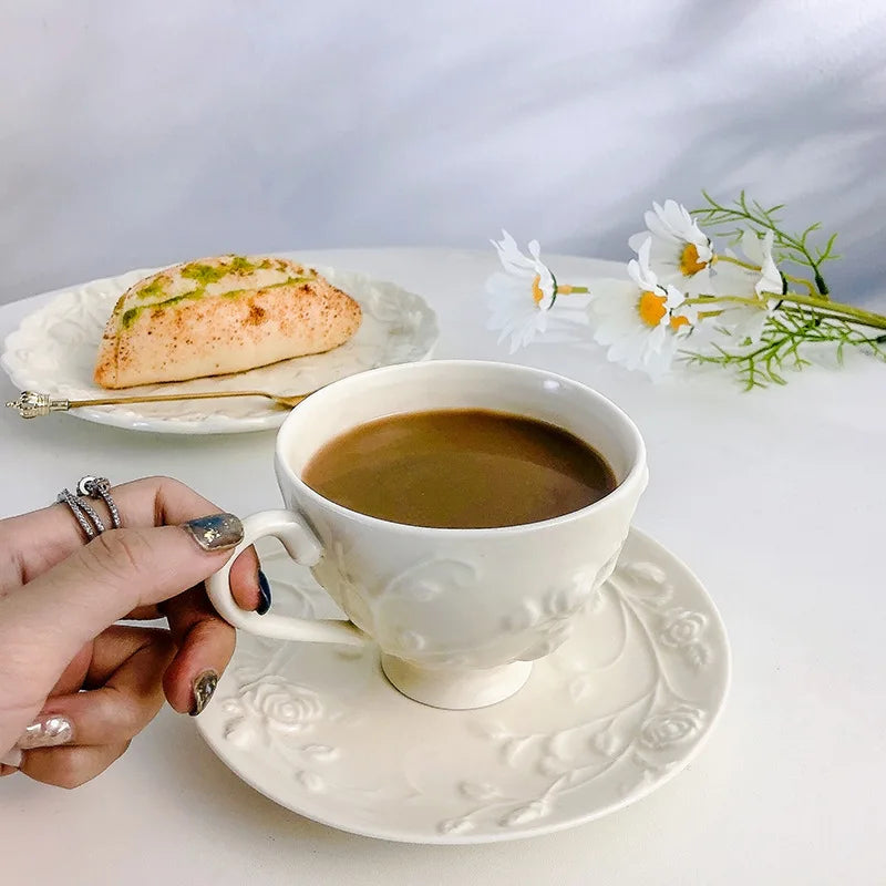 Solhui Vintage White Embossed Ceramic Coffee Cup and Saucer Set Embossed Rose Dessert Plate Tableware