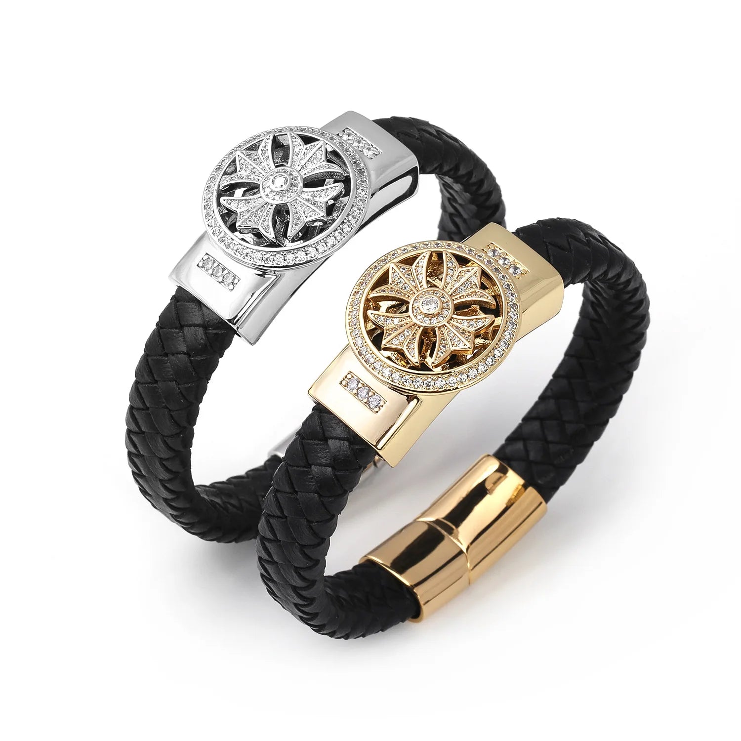 High Quality New Design Men Jewelry Bangle CZ Platinum Pave Stainless Steel Clasp Real Genuine Leather Bracelet RS-157