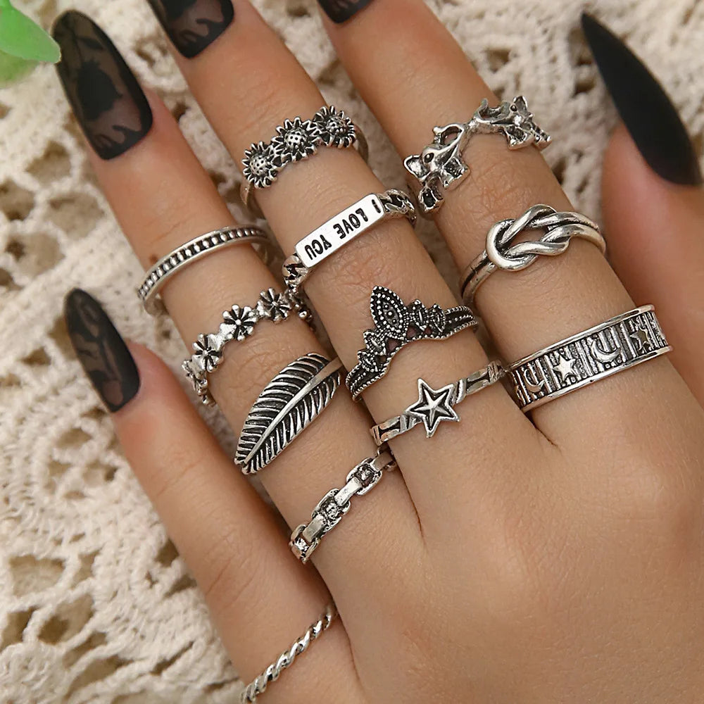 12pcs/set Boho Vintage Midi Rings Set for Women Letters Sunflower Leaves Elephant Knotted Ring Star Moon Knuckle Rings