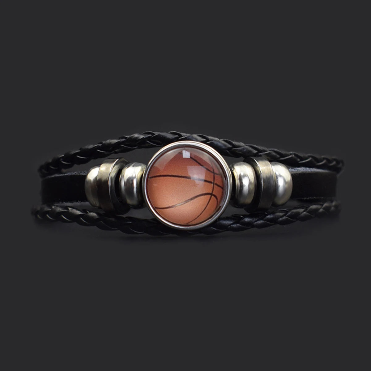 Punk Mens Black Leather Woven Bracelet Luminous Sports Bangle for Basketball Baseball Poly Ball Football-Fashion Charm