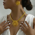 1 Pair of Earrings + 1 Necklace Traditional Bridal Jewelry Set Gold Plated Exaggerated Flower Design Party Accessories