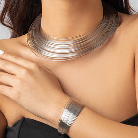 2024 Fashion Jewelry Hip Hop Accessories African Style Punk Metal Collar Choker Multi-layer Wire Layered Collar Choker Necklace