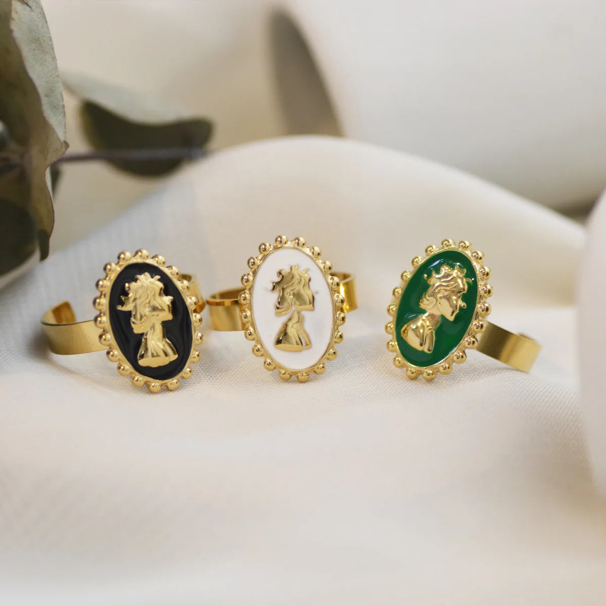 Nabest Waterproof Stainless Steel Vintage Enamel Portrait Ring Jewelry Women 18K Gold Plated Drop Oil Open Rings
