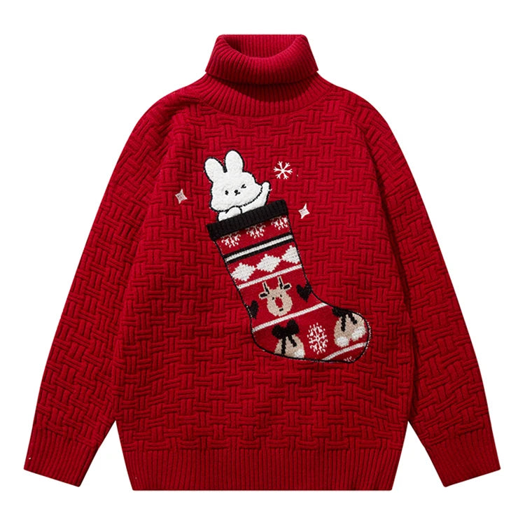 High Neck Unisex Cartoon Chenille Patch Embroidery Turtleneck Knitwear Men Winter Pullover Ugly Christmas Knit Roll Neck Sweater