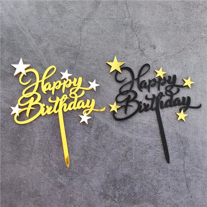Wholesale Gold and Black Acrylic Happy Birthday Cake Topper with Stars