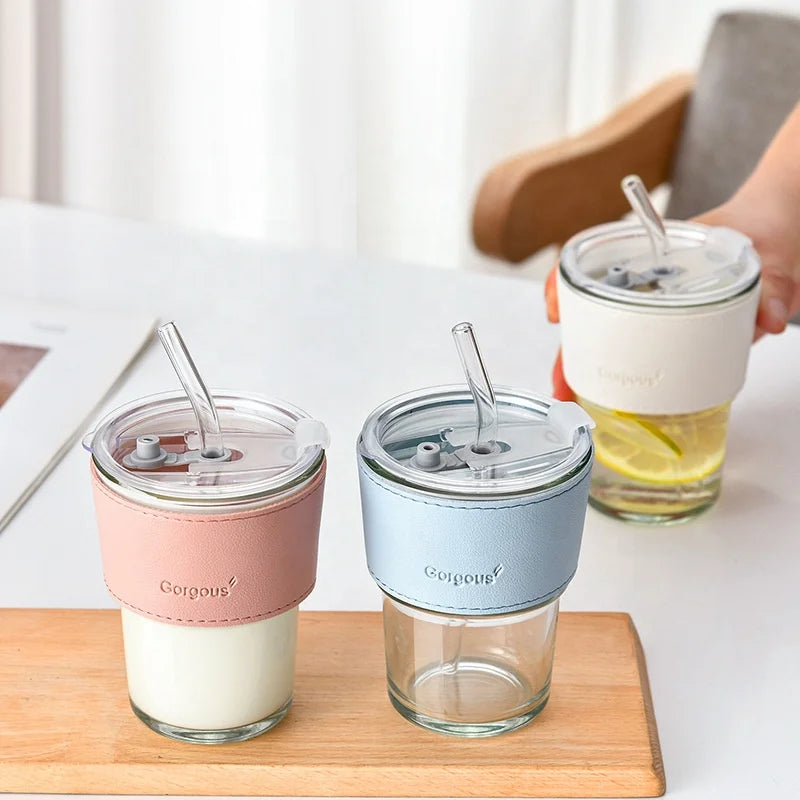 450ml 15oz Amber Gray clear Glass Mugs Sublimation Glass Tea Cup with Lid and Straw/ Leather Sleeve