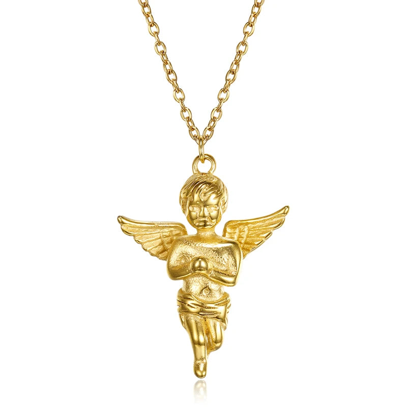 Olivia 18K Gold Plated Guardian Angel Pendant Angel Necklace Cherub Pendant Chain Stainless Steel Necklace for Men