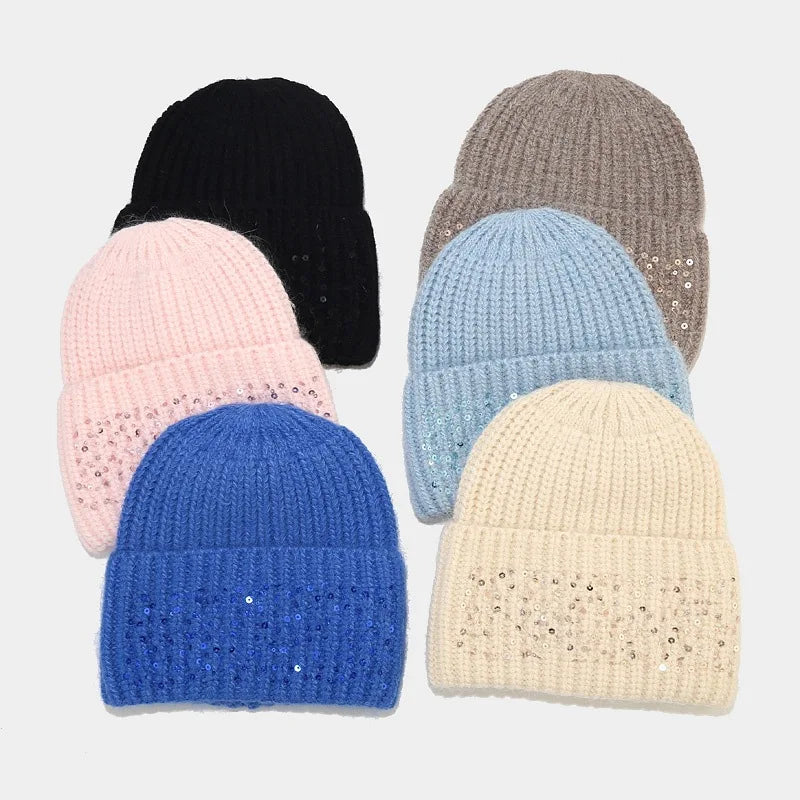 Sewingman B0549Z Thick Ribbed Fashion Knit Cuffed Beanie Hat With Sequin