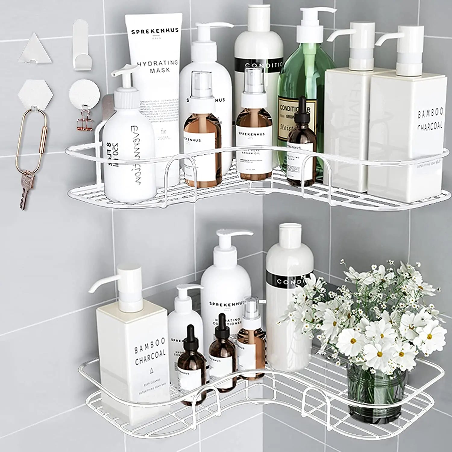 Matte White Bathroom Corner Shower Rack Caddy Rust Proof Kitchen Storage Shelf With Hooks